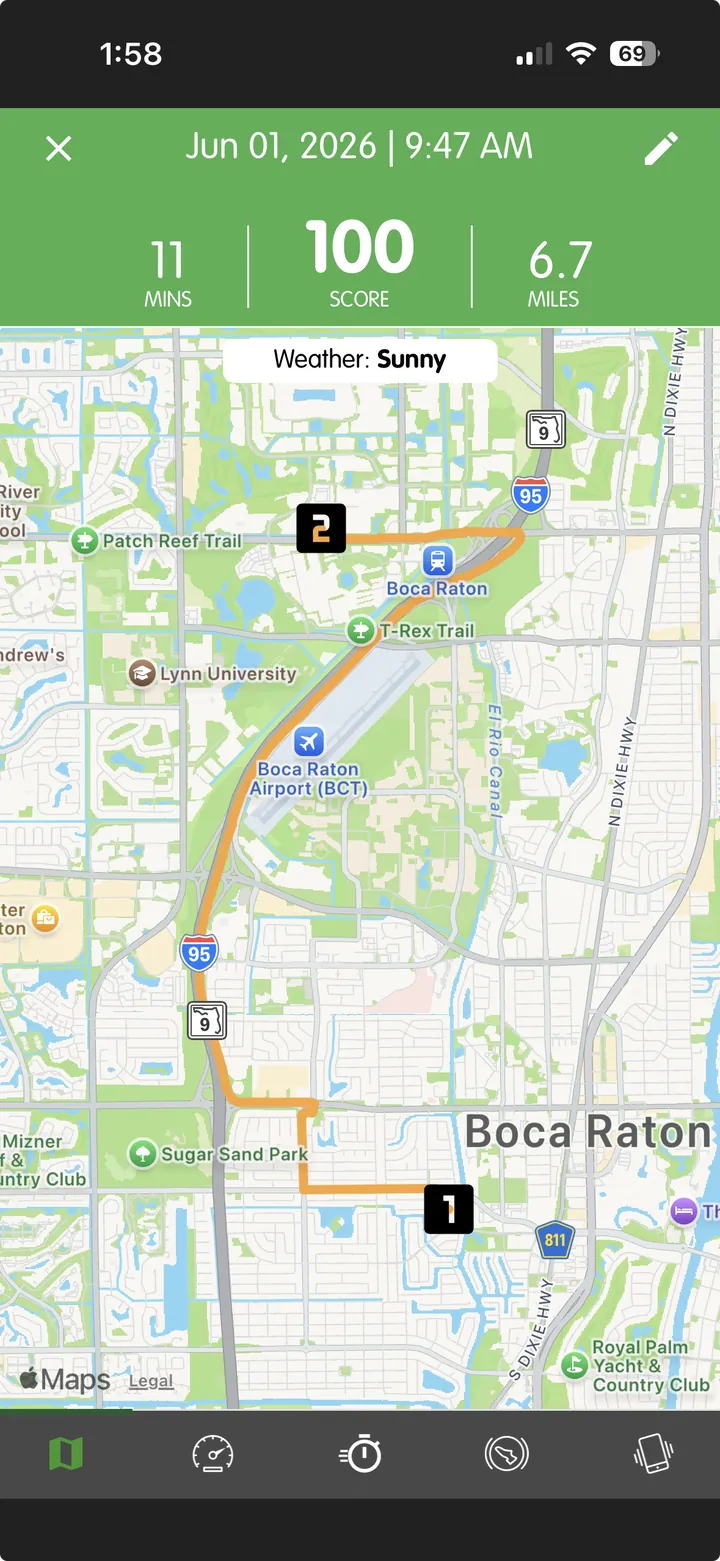 A logged practice drive with route map and score