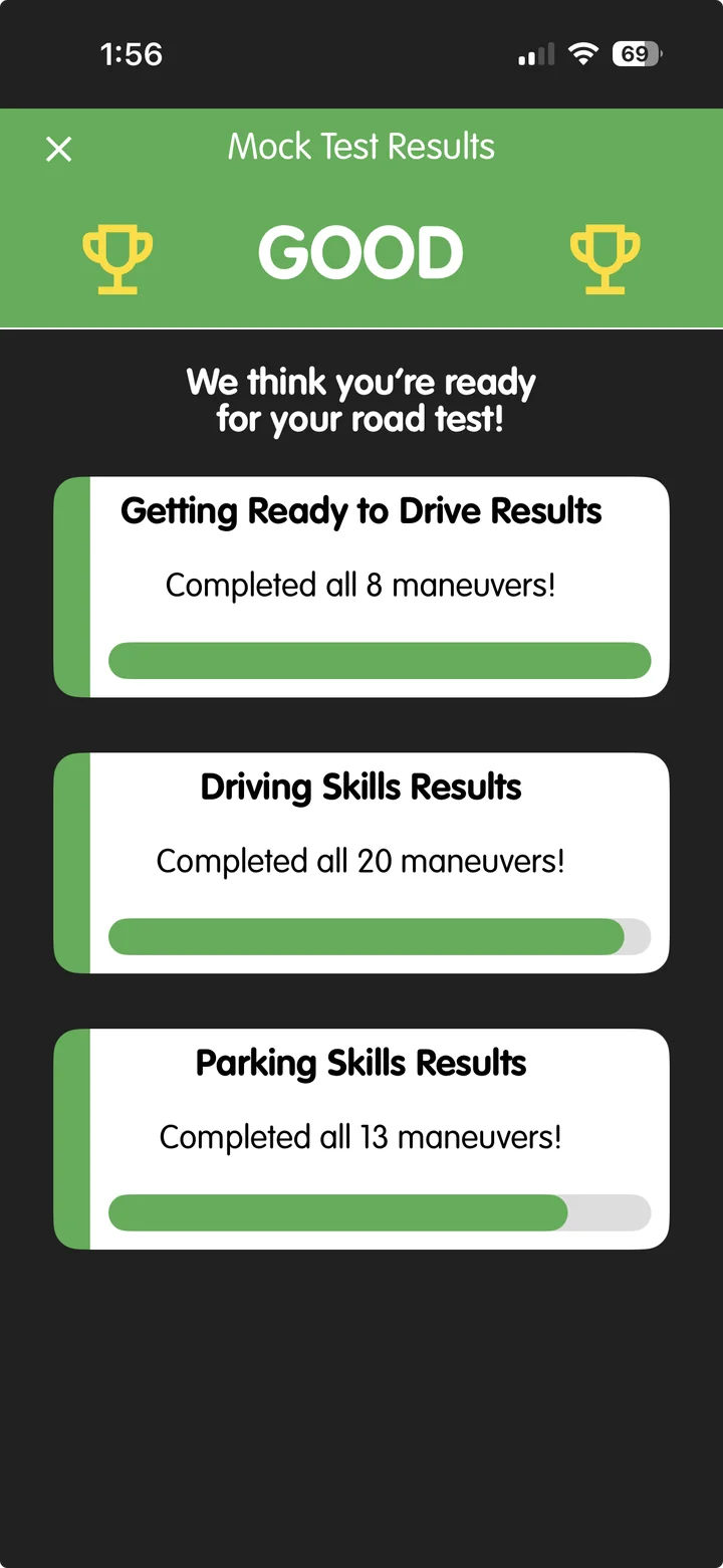 Mock road test result reading GOOD
